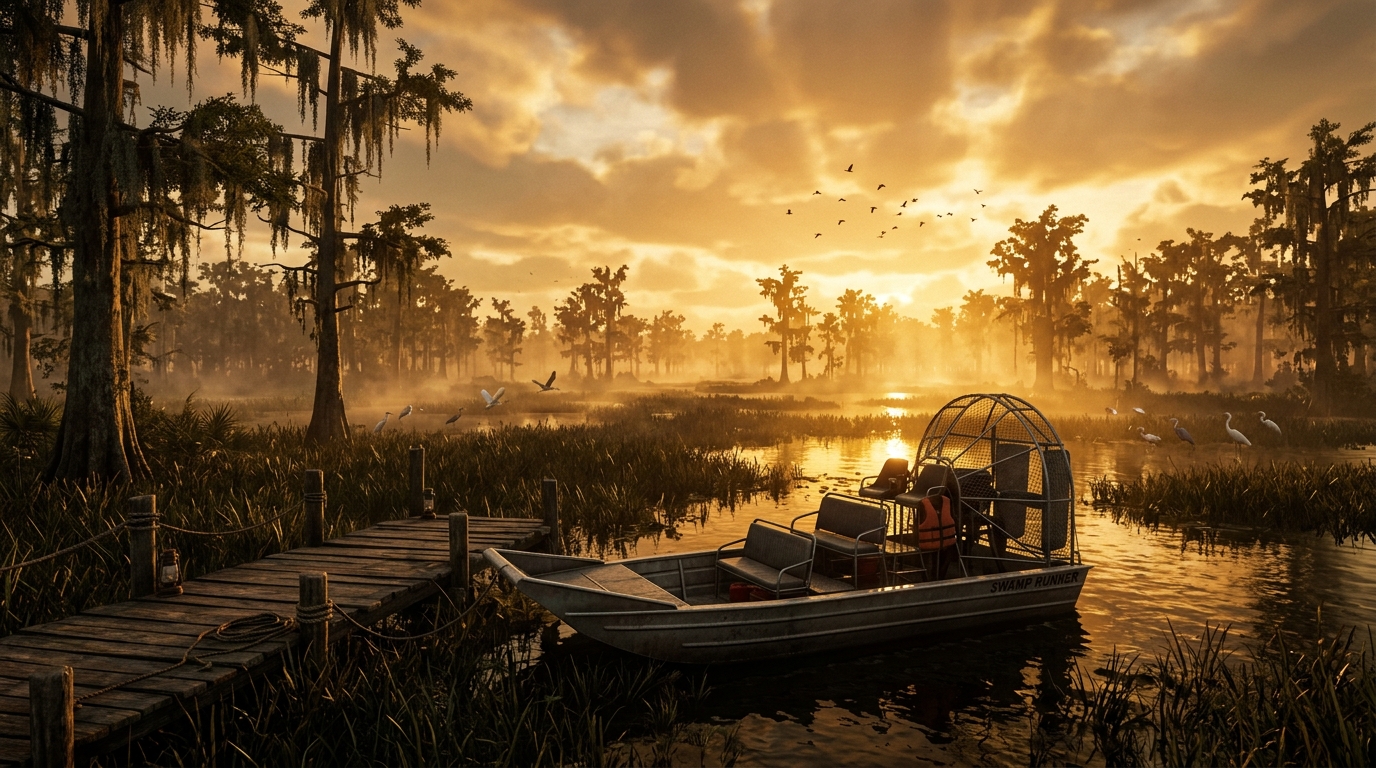 Grassrivers Swamplands with Airboat at sunset
